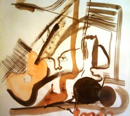 Face with Guitar 20x24 Ink Wash on paper