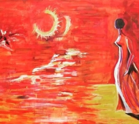 Moving towards the new world (from She is moving series) 72x48 Acrylic on canvas